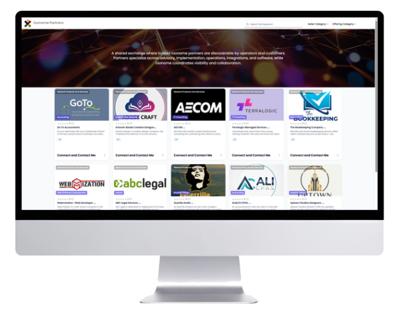 Exonome Partner Exchange showing partner listings in a desktop view